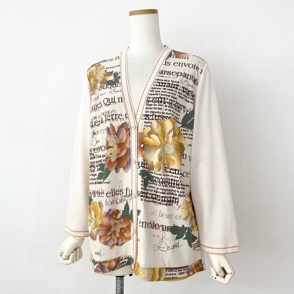 27f20-4 《美品》 大きいサイズ LEONARD SPORT レオナール カンカン素材切替 カーディガン ニットカーディガン 美しい花柄プリント 着丈ゆったり 0568648 サイズ42 マルチカラー レディース 日本製