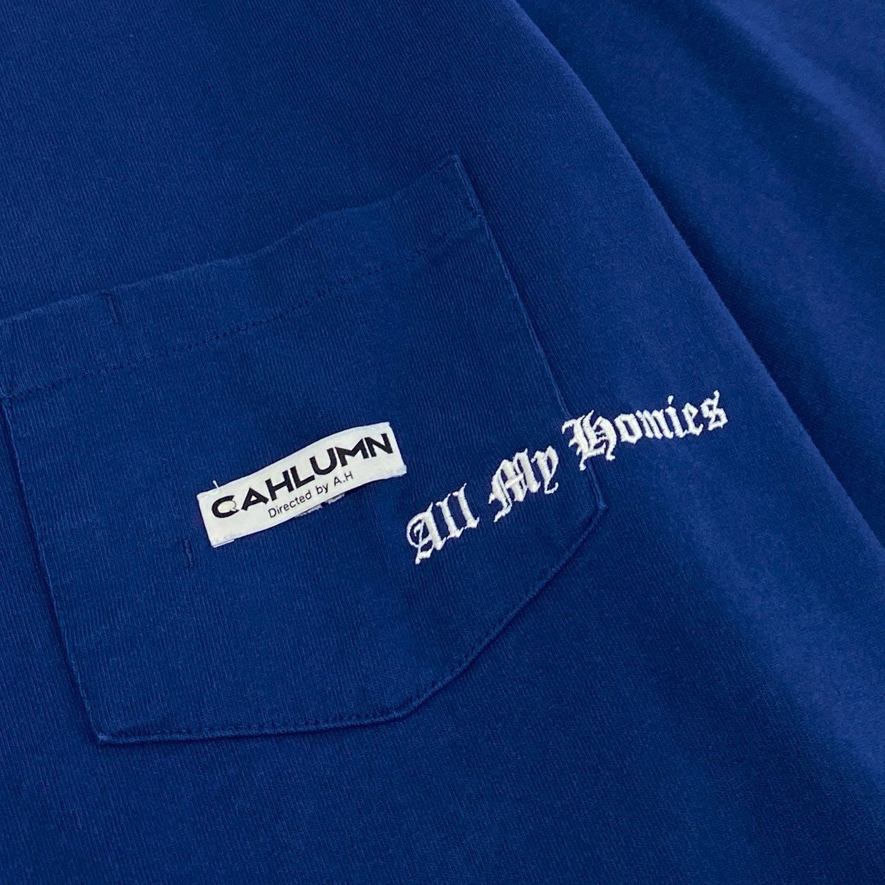 36e2 CAHLUMN × ALL MY HOMIES カウラム オールマイホーミーズ Tシャツ 変形カットソー オーバーサイズ トップス XLサイズ ブルー コットン