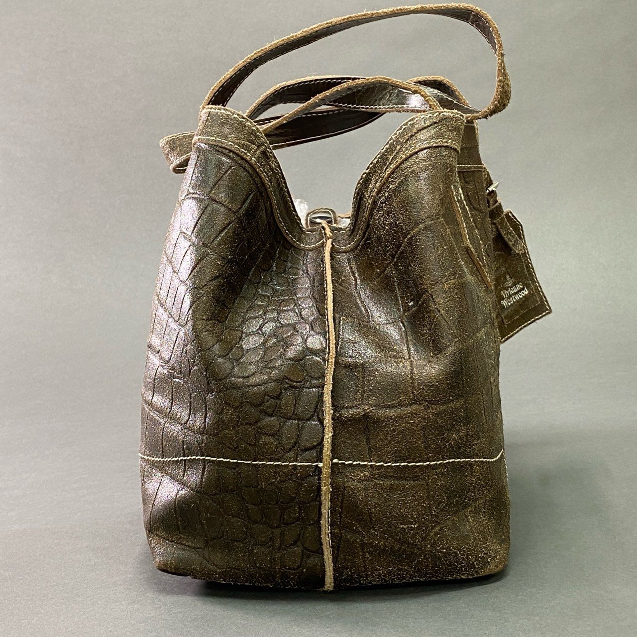 Ac6 Vivienne Westwood ヴィヴィアン ウェストウッド ORB オーブアイコン クラックレザー トートバッグ ブラウン Leather ショルダーバッグ クロコ型押し カバン 保存袋付属