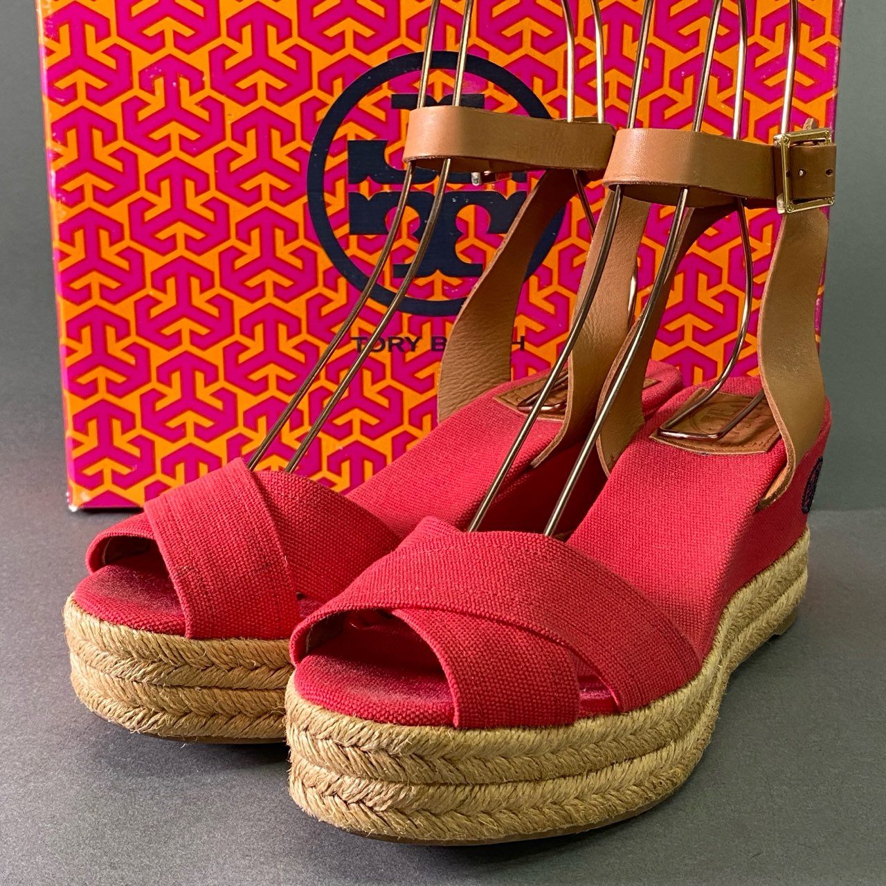 1d22 TORY BURCH トリーバーチ エスパドリーユ レザー キャンバスサンダル 7B レッド 刺繍ロゴ シューズ 夏 スペイン
