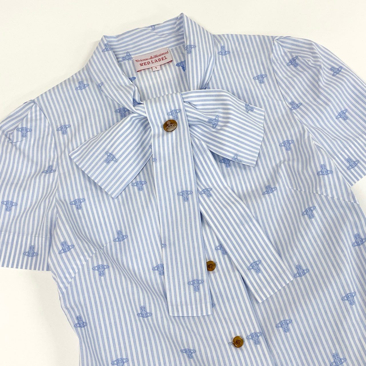 4c28 Vivienne Westwood RED LABEL ヴィヴィアンウエストウッド レッドレーベル 半袖シャツ ボウタイ リボン ストライプシャツ オーブ刺繍 オーブ柄 コットンシャツ 16401M 1 ブルー ホワイト コットン100%