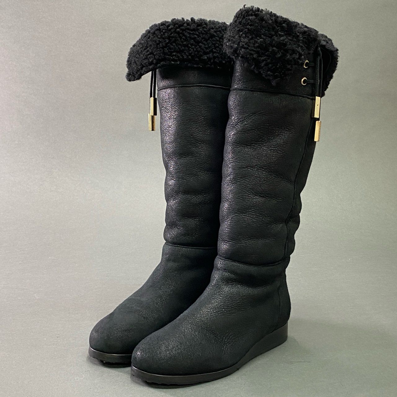 3c11 JIMMY CHOO ジミーチュウ ムートンロングブーツ 37 ブラック レザー レースアップ シューズ ボア イタリア製 冬