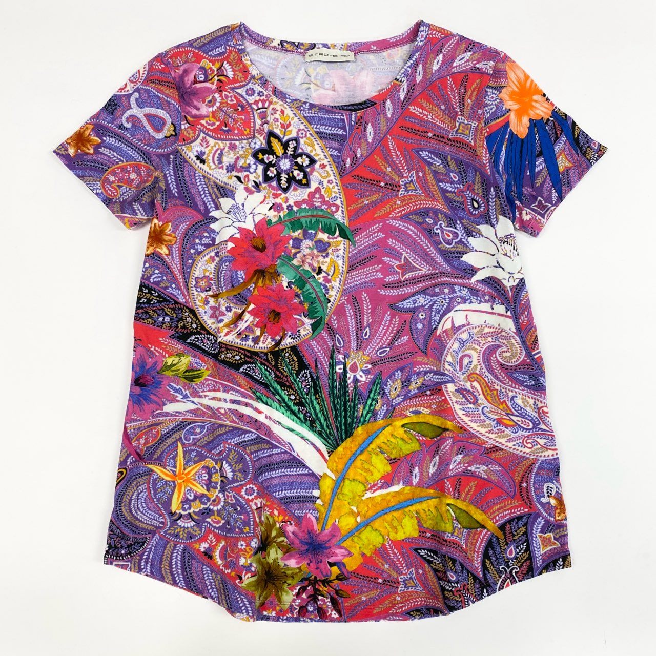 67j6《美品》 ETRO エトロ イタリア製 半袖Tシャツ クルーネック カットソー 花柄プリント ストレッチ◎ レディース 女性用 マルチカラー コットン100%u02t