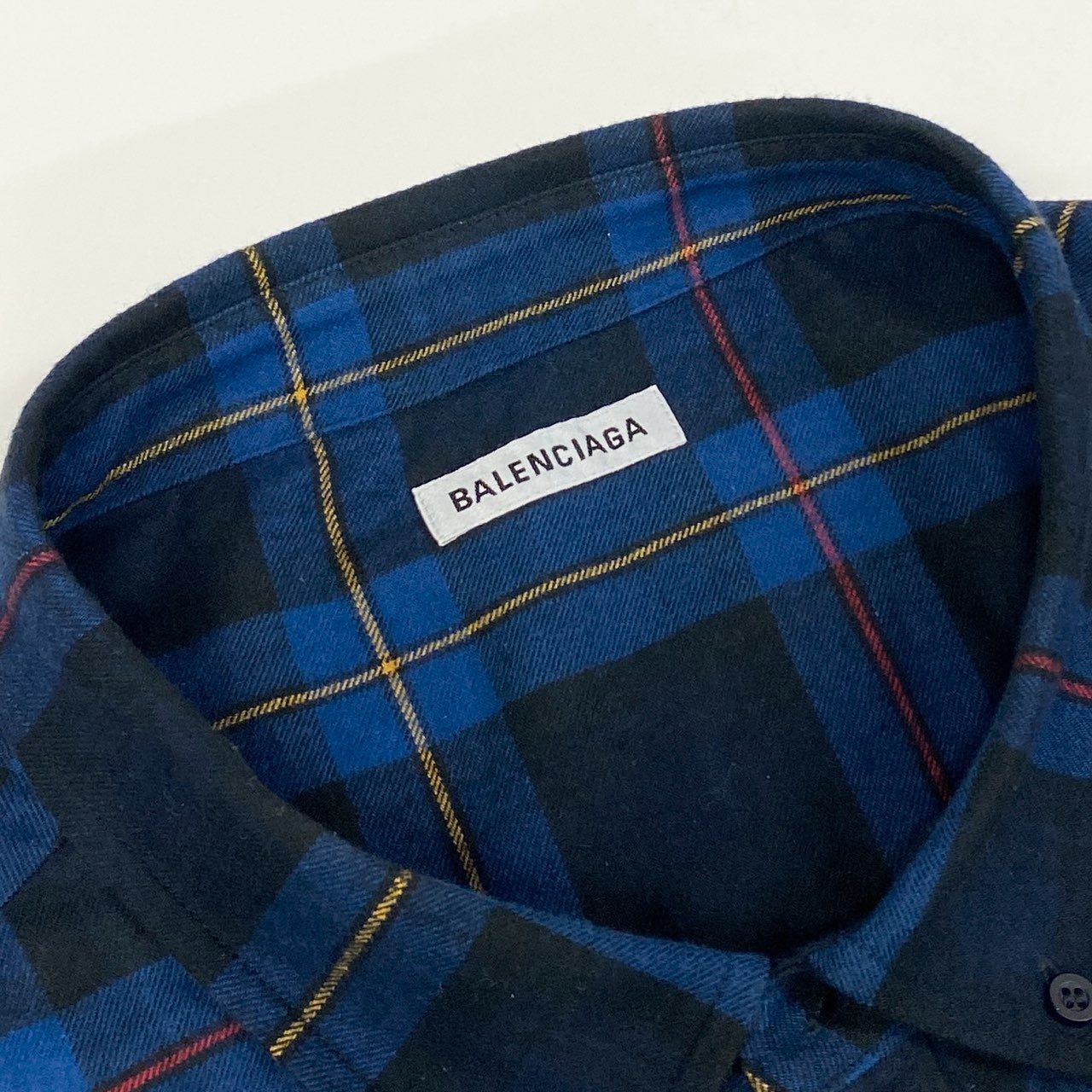 48h15 BALENCIAGA バレンシアガ ブロックチェック オーバーサイズ フランネルシャツ 長袖シャツ ロゴプリント ロングスリーブ 630963 36 ネイビー メンズo07t