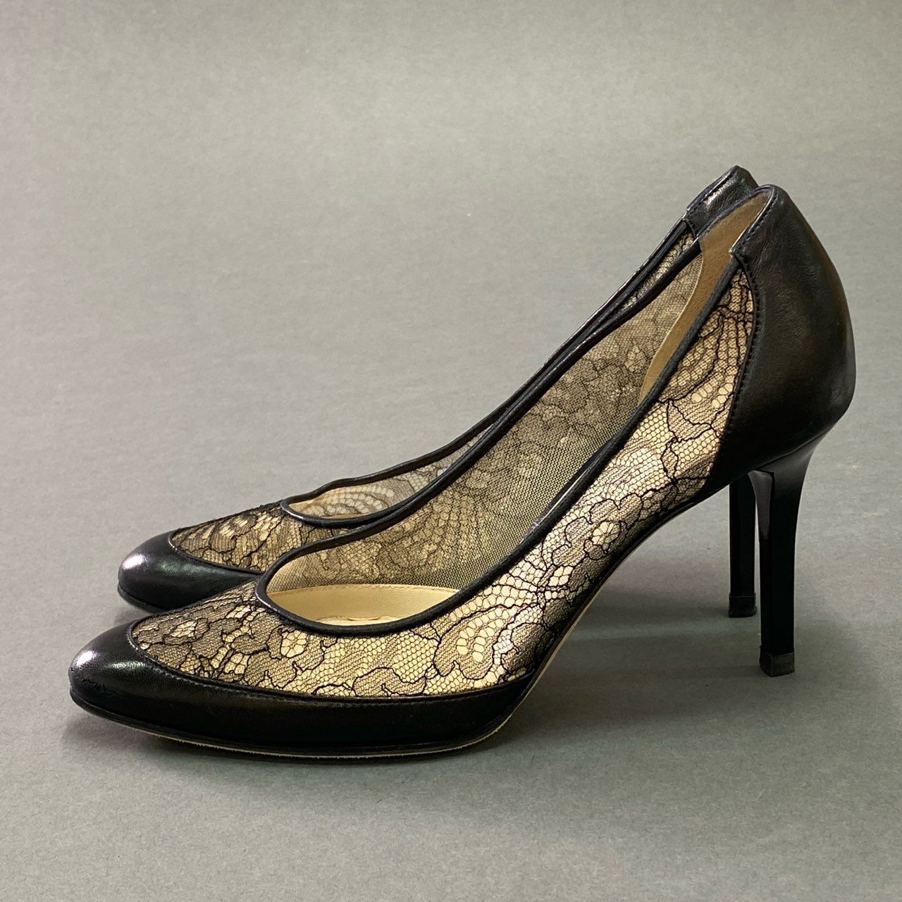 5c21 JIMMY CHOO ジミーチュウ フラワーレースパンプス 36 ブラック レザー イタリア製 シューズ