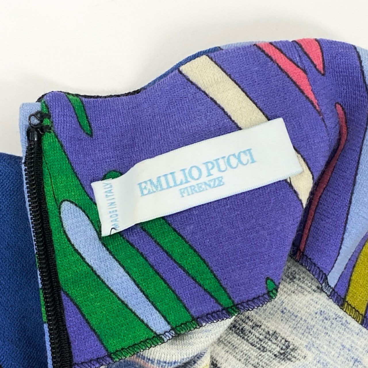69g8 EMILIO PUCCI エミリオプッチ プッチ柄 ボトルネック 長袖ワンピース ドレス ロングスリーブ ウエストマーク イタリア製 38 ブルー レディース