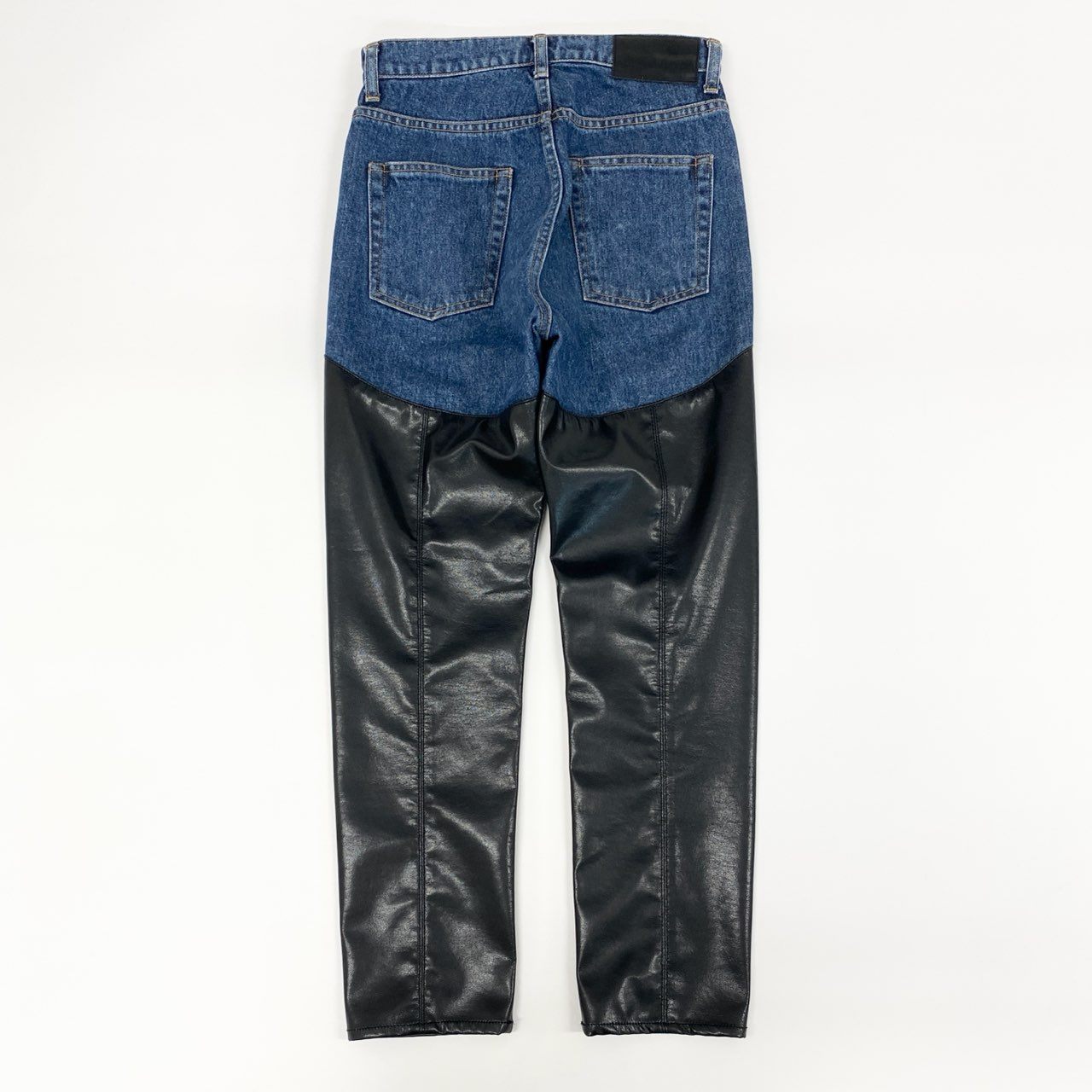 66g8 【美品】 JOHN LAWRENCE SULLIVAN ジョンローレンスサリバン 切替デニムパンツ ジーンズ レザーバイカラーパンツ ヴィーガンレザー レディース 女性用 JLSW-38 XS ブルー×ブラック