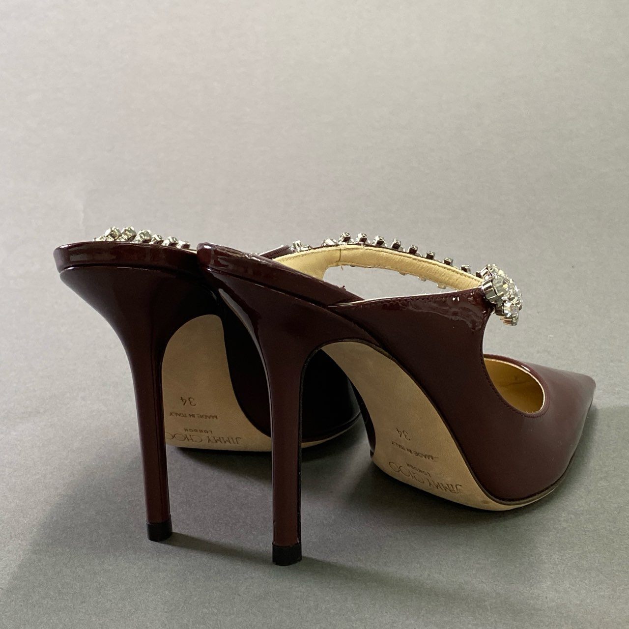 1d15 JIMMY CHOO ジミーチュウ ビング BING クリスタルビジューストラップ ミュール パンプス シューズ 34 ボルドー パテントレザー