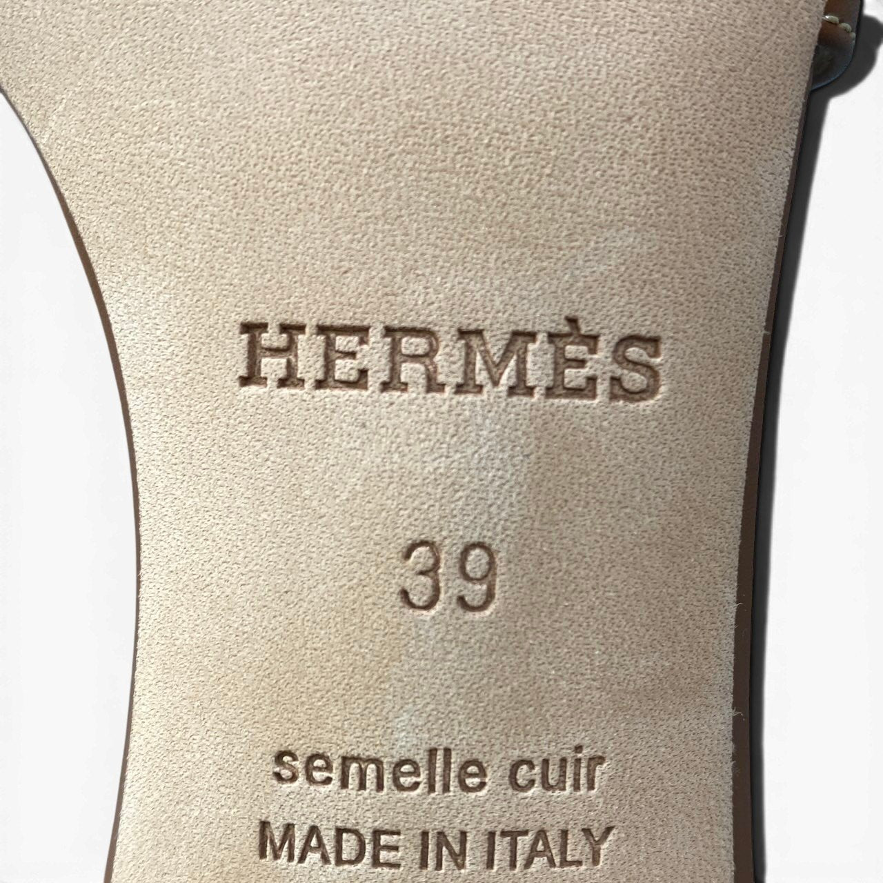 e18 【極美品】HERMES オアジス レザーサンダル イタリア製 39サイズ ブラウン レザー レディース 女性用k02i