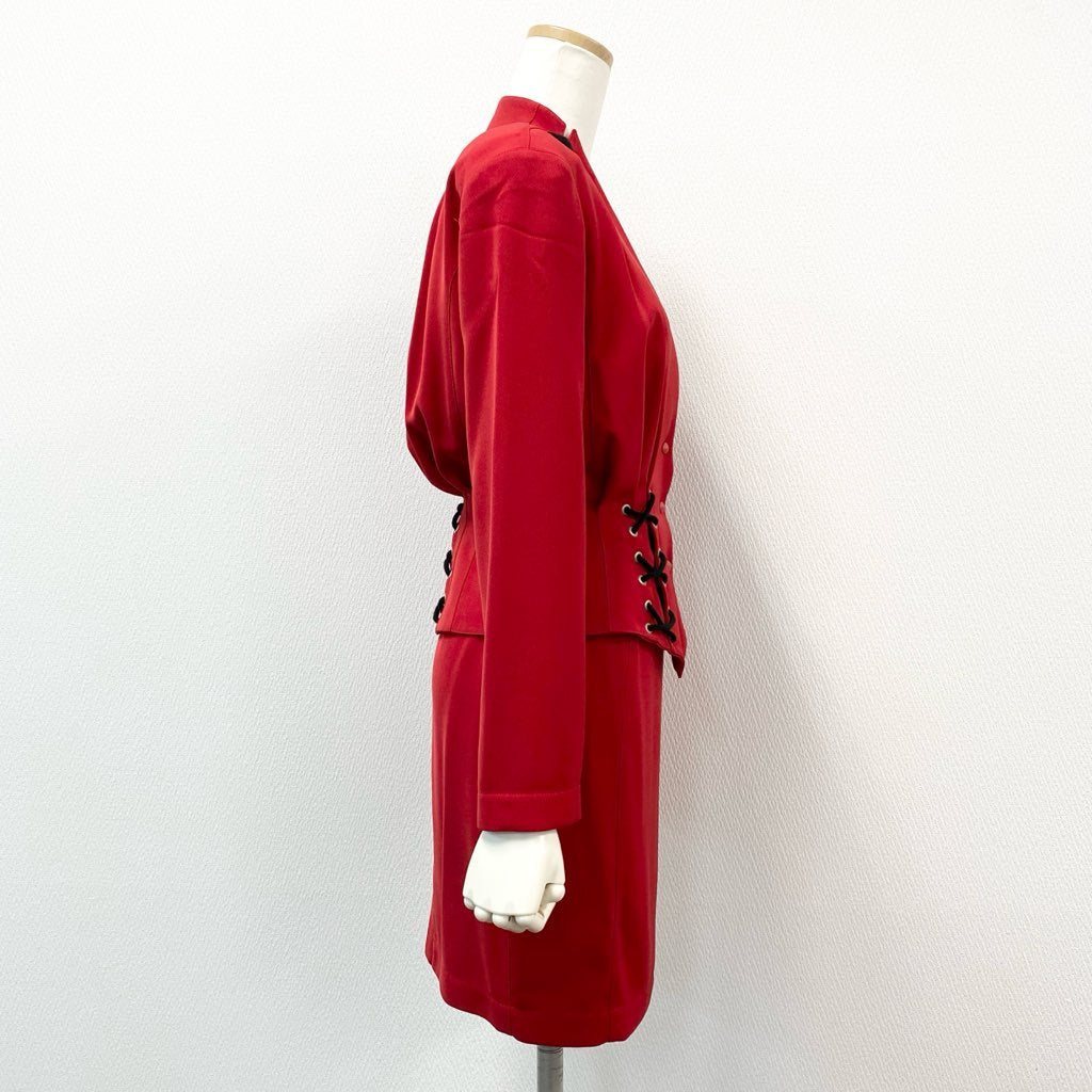 63d8-7 Thierry mugler ティエリー ミューグレー ジャケット/スカート スーツ セットアップ レースアップ 変形デザイン サイズ7AR/60-88 レッド ポリエステル100% レディース 日本製