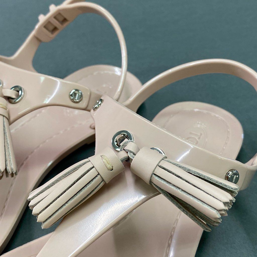 4d7 【美品】 TODS トッズ トングサンダル タッセル レザーサンダル ラバー バックストラップ レディース シューズ 37 ライトピンク