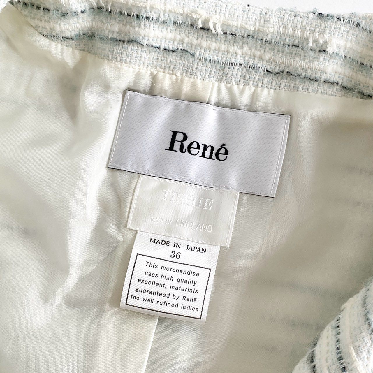 61i30 Rene ルネ TISSUE ツイードロングコート 4つポケット パールボタン サイズ36 ライトブルー系 レディース 女性用