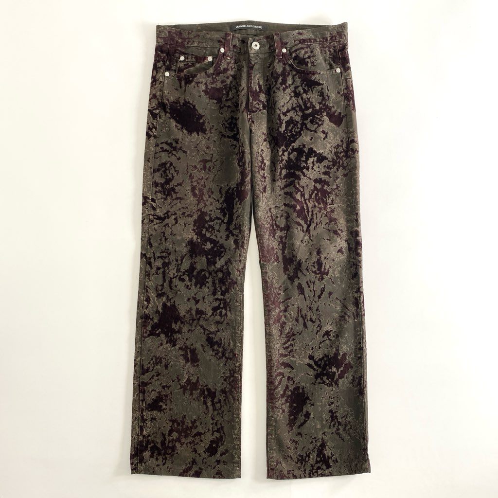 39f9 VERSACE JEANS COUTURE ヴェルサーチ ジーンズクチュール イタリア製 総柄 デニムパンツ ジーンズ ボトムス 34 ブラウン パープル コットン