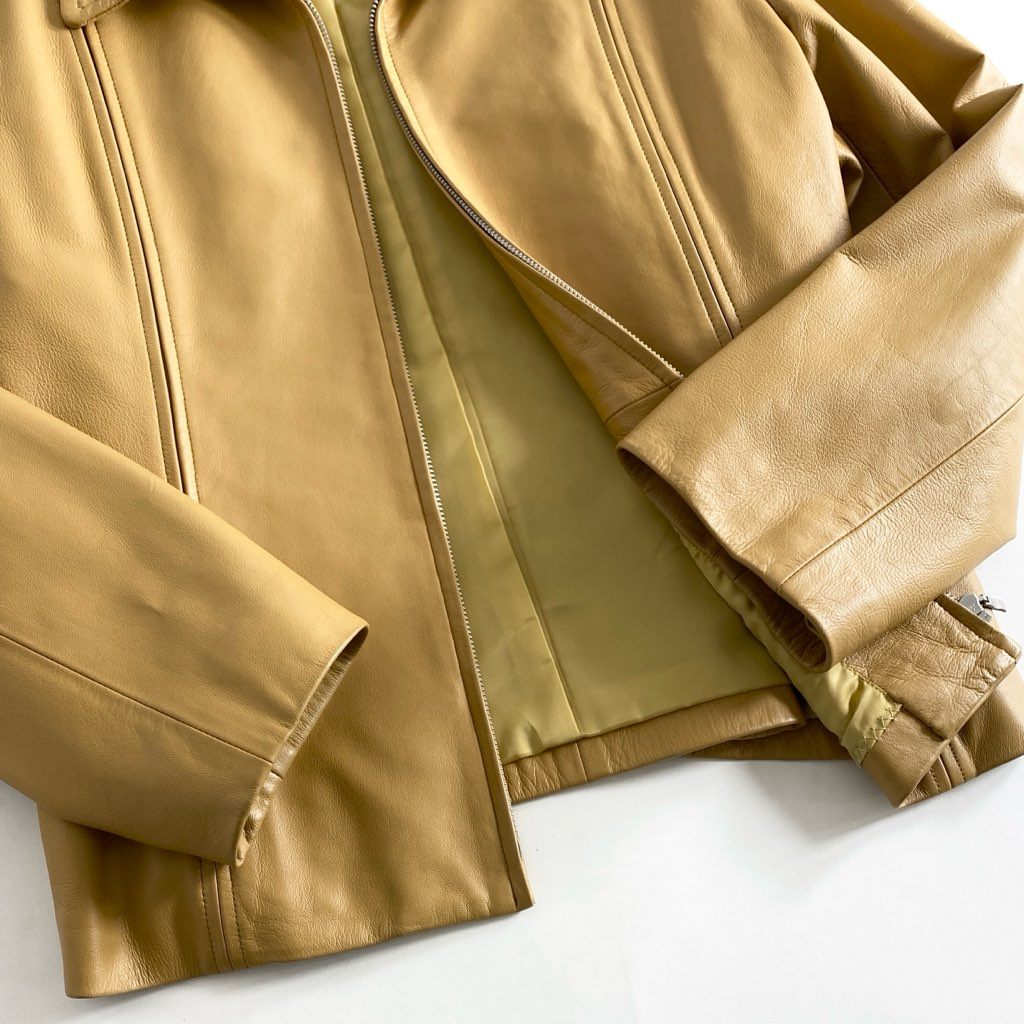 14e2 《美品》 大きいサイズ BALMAIN バルマン レザージャケット ブルゾン アウター ラムスキン シングルライダースジャケット 15 マスタード 羊革