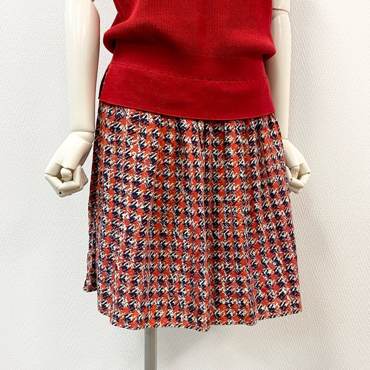 39d28 LOUIS VUITTON ルイヴィトン シルク切替 ノースリーブニットワンピース 総柄プリント ドレス イタリア製 Lサイズ レッド ウール シルク