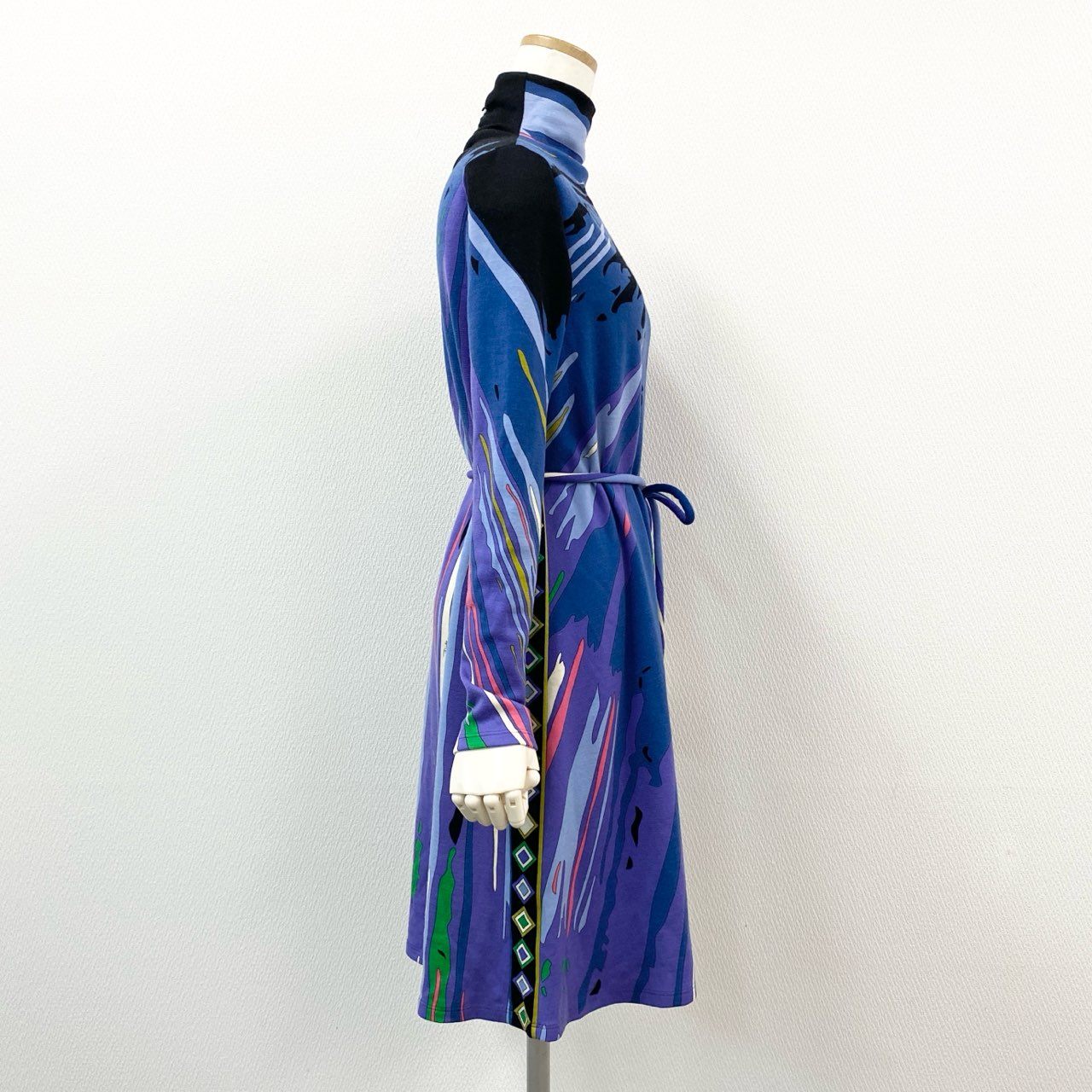 69g8 EMILIO PUCCI エミリオプッチ プッチ柄 ボトルネック 長袖ワンピース ドレス ロングスリーブ ウエストマーク イタリア製 38 ブルー レディース