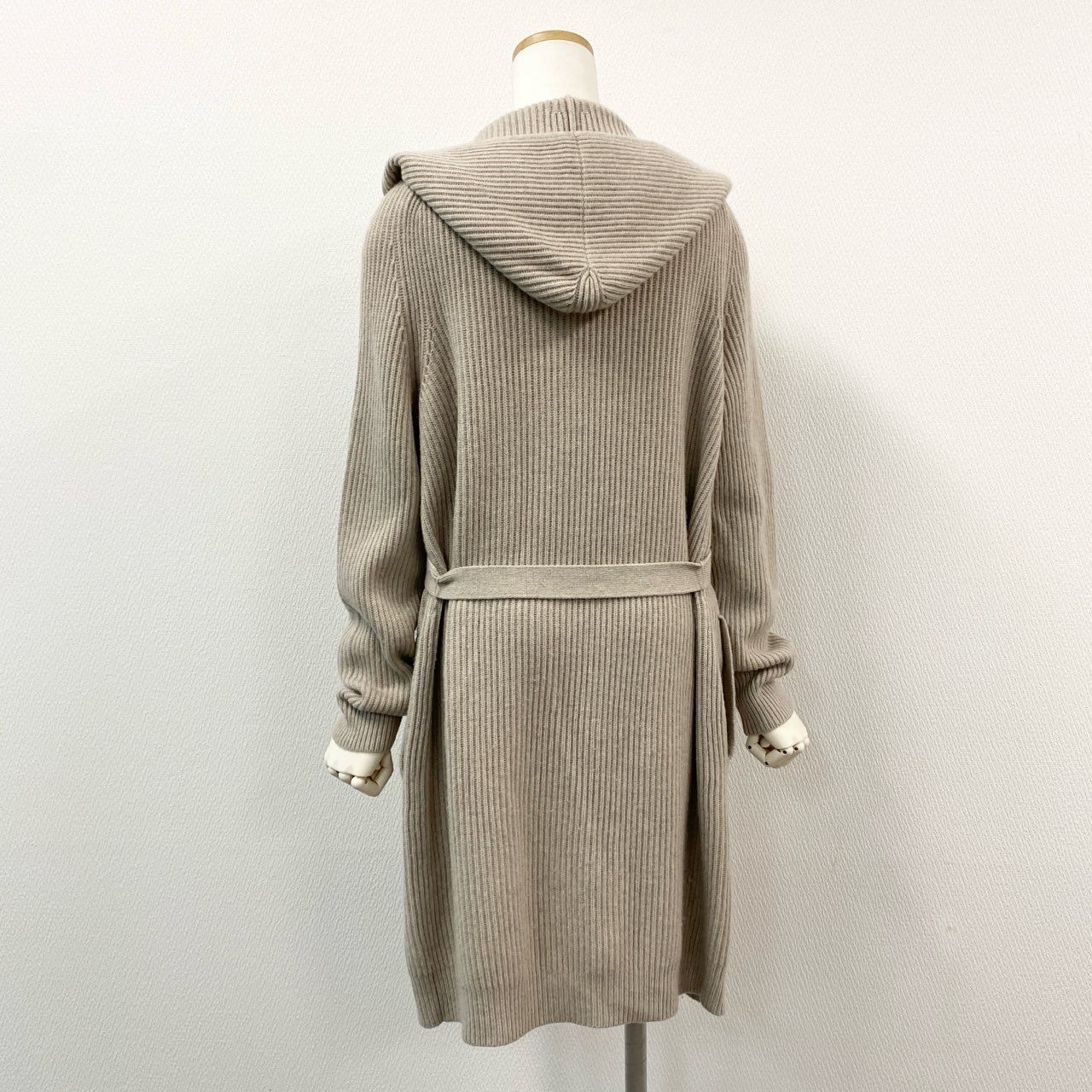 61g23 MAX MARA 白タグ フード ベルテッド ロングカーディガン ガウンコート ニット ウエストマーク グレージュ レディース