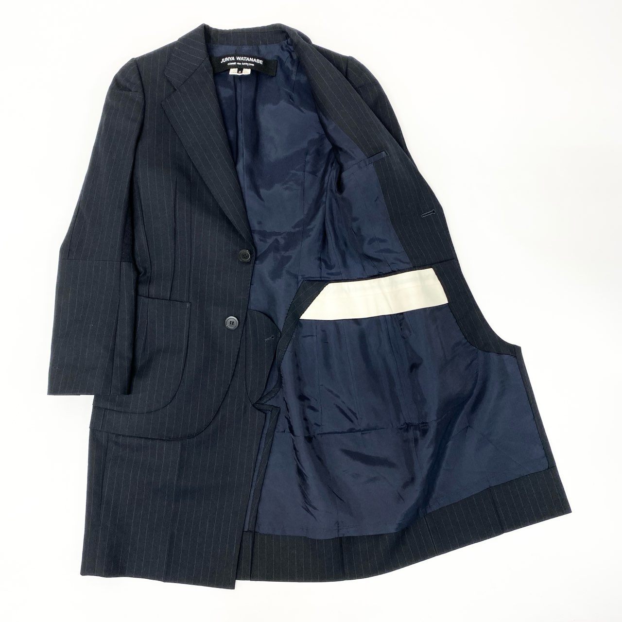 53h27 JUNYA WATANABE COMME des GARCONS ジュンヤワタナベ コムデギャルソン ニット切替 変形チェスターコート 日本製 ストライプ JJ-C006 Sサイズ ブラック ウール レディースo07t