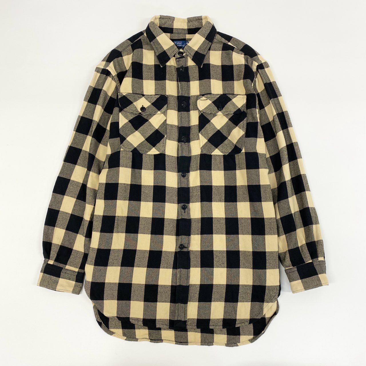 13f7 POLO RALPH LAUREN ポロラルフローレン フラップポケット コットンネルシャツ 長袖シャツ ブロックチェック オーバーサイズ Mサイズ 165 ベージュ ブラック コットン メンズ
