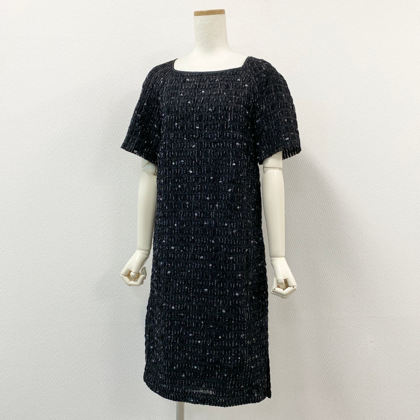 16h9《極美品》DRIES VAN NOTEN ドリスヴァンノッテン 半袖ワンピース ドレス 膝丈 スクエアネック サイズ34 ブラック レディースk02i