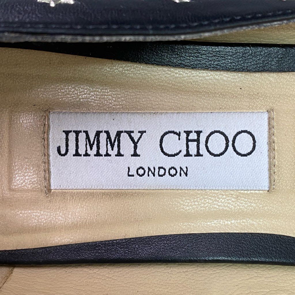7d7 JIMMY CHOO ジミーチュウ スタースタッズ フラットシューズ パンプス JCロゴ レザーパンプス 星柄 スクエアトゥ 38 ブラック