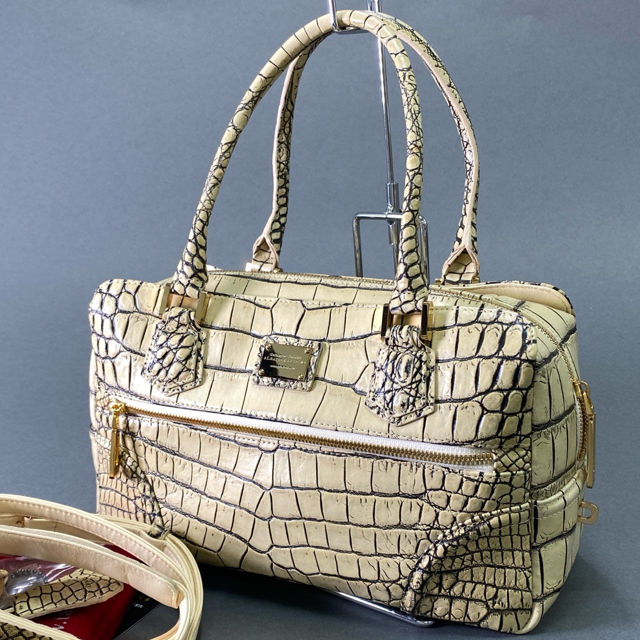 Fd18 【美品】JRA認定 LEATHER JUWELS Crystal Reptiles レザージュエルズ バニラ クロコダイルレザー 2way ハンドバッグ ショルダーバッグ レディース 女性用 鞄