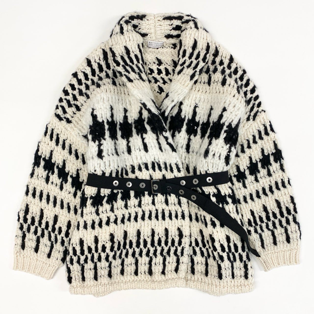 48c14 定価¥1,165,945 BRUNELLO CUCINELLI ブルネロクチネリ カシミヤ92% ジャガードニット カーディガン XS オフホワイト スパンコール付 イタリア製 ブラッシュド加工