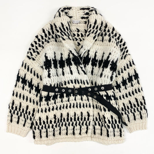 48c14 定価¥1,165,945 BRUNELLO CUCINELLI ブルネロクチネリ カシミヤ92% ジャガードニット カーディガン XS オフホワイト スパンコール付 イタリア製 ブラッシュド加工