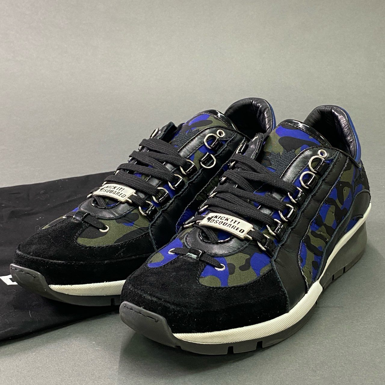 4c18 DSQUARED2 ディースクエアード 551 迷彩 レオパード柄 ローカットスニーカー シューズ ロゴプレート カモフラ 43 ブラック ブルー グリーン