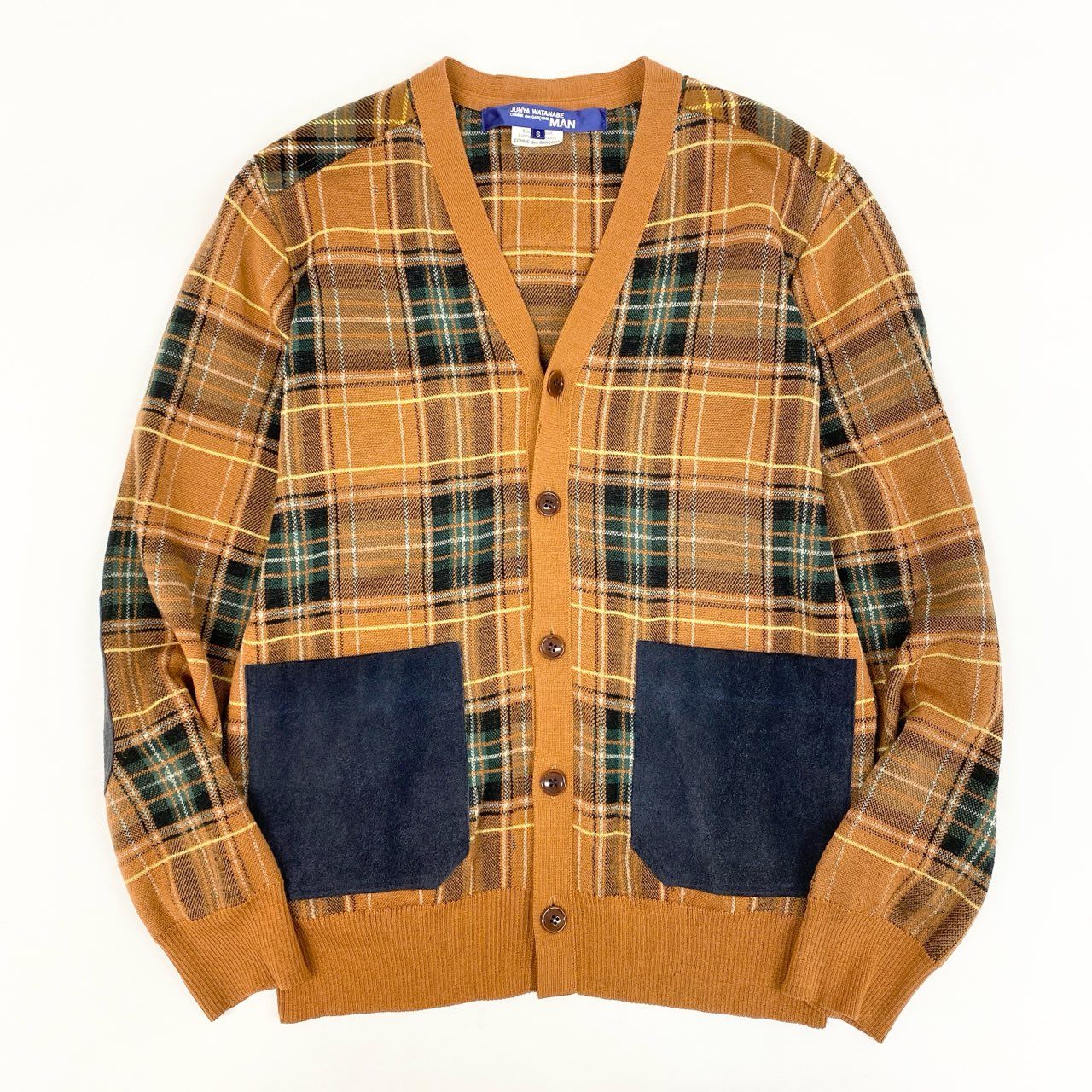 44h26 JUNYA WATANABE MAN COMME des GARCONS ジュンヤワタナベマン コムデギャルソン 多素材MIX ジャガード エルボーパッチ ニットカーディガン スエードポケット チェック柄 スエード Sサイズ マルチカラー メンズo07t