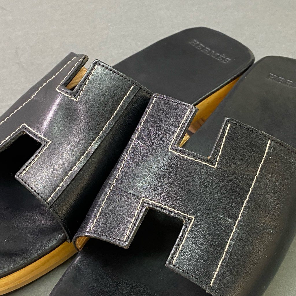3d3 HERMES エルメス ケブラール Hロゴ レザーウッドサンダル 38 ブラック レザー ウッド スペイン製 シューズ