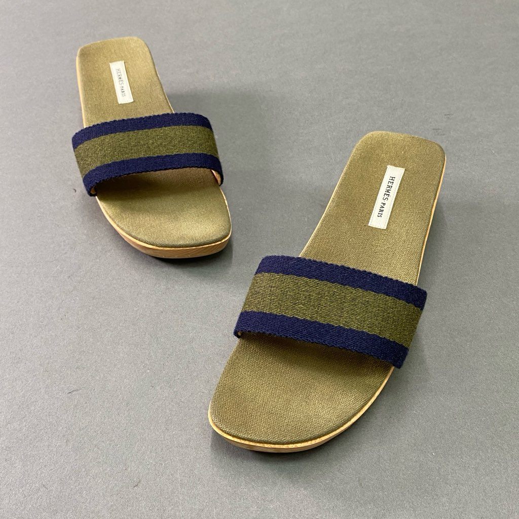 6d6 《美品》 HERMES エルメス マルジェラ期 フールトゥ サンダル 35 カーキ キャンバス エールライン ウッド シューズ スペイン製 夏