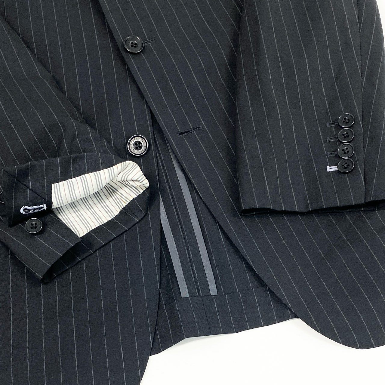 83i3 BURBERRY バーバリー セットアップスーツ テーラードジャケット スラックスパンツ ストライプ ビジネス フォーマル 40 ブラック ダークグレー メンズo07t