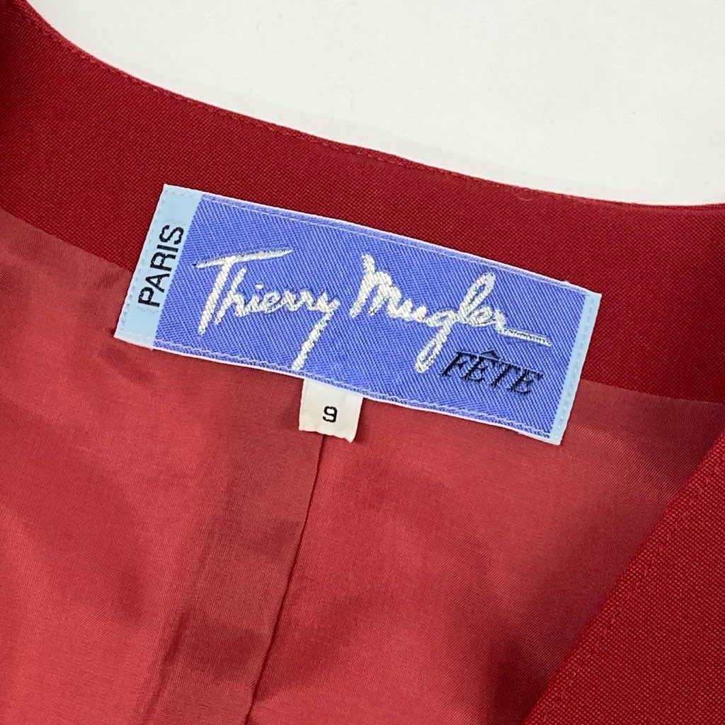 63d8-12 Thierry mugler ティエリー ミューグレー テーラードジャケット ノーカラージャケット 変形デザイン サイズ9 レッド ウール100% レディース