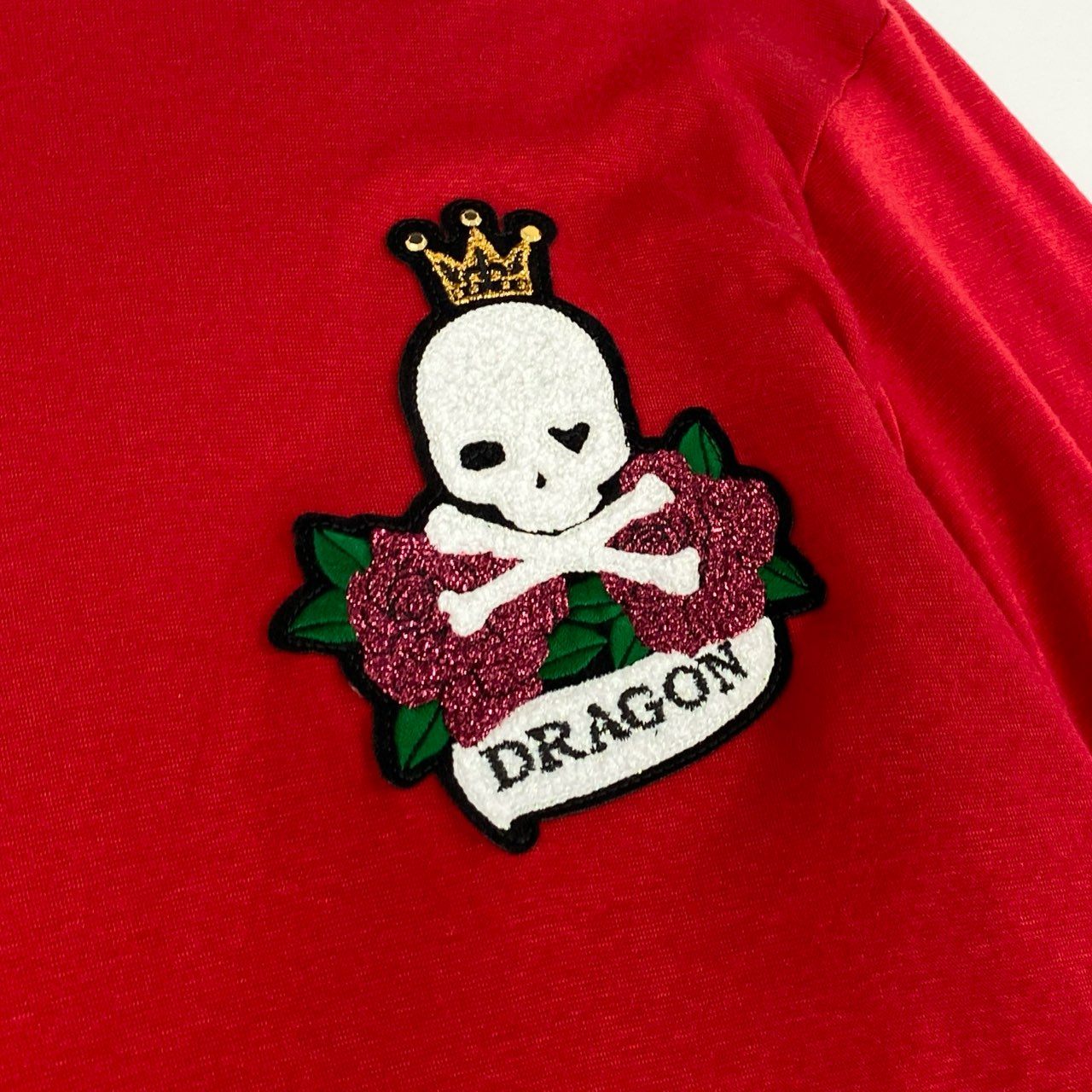 40h24 《美品》Dance With Dragon ダンスウィズドラゴン モックネック ニットカットソー バイカラー スカルワッペン ドラゴン刺繍 D1-131103 3サイズ ブラック レッド メンズ 男性用k02i