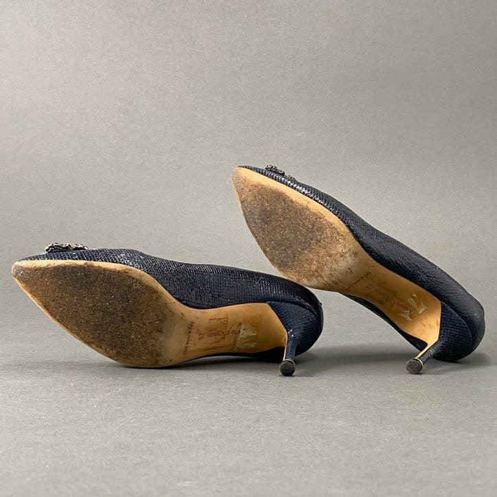 6h14 MANOLO BLAHNIK マノロブラニク Hangisi ハンギシ ビジュー ラインストーンパンプス 37 ネイビー シューズ イタリア製