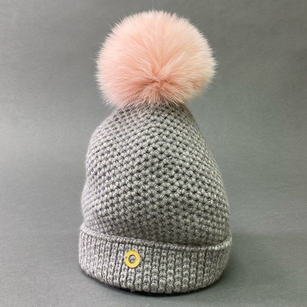 1d6 《美品》 Loro Piana ロロピアーナ ボンボリ カシミヤニットキャップ サークルプレート付き F グレー ピンク ビーニーキャップ 帽子 イタリア製
