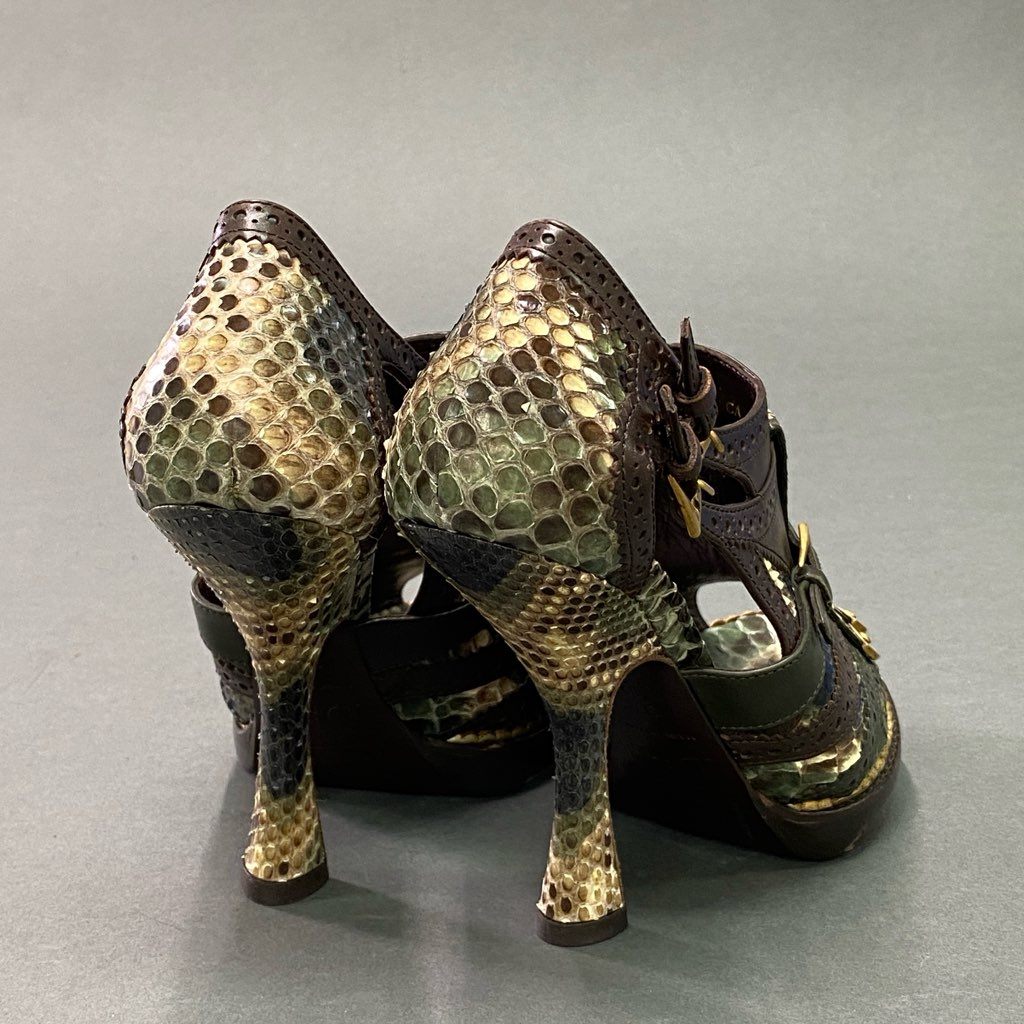 7d7 Christian Dior クリスチャンディオール Snakeskin Pumps 蛇革 パンプス オープントゥ ベルト付き ストラップベルト イタリア製 37 1/2 ブラウン グリーン