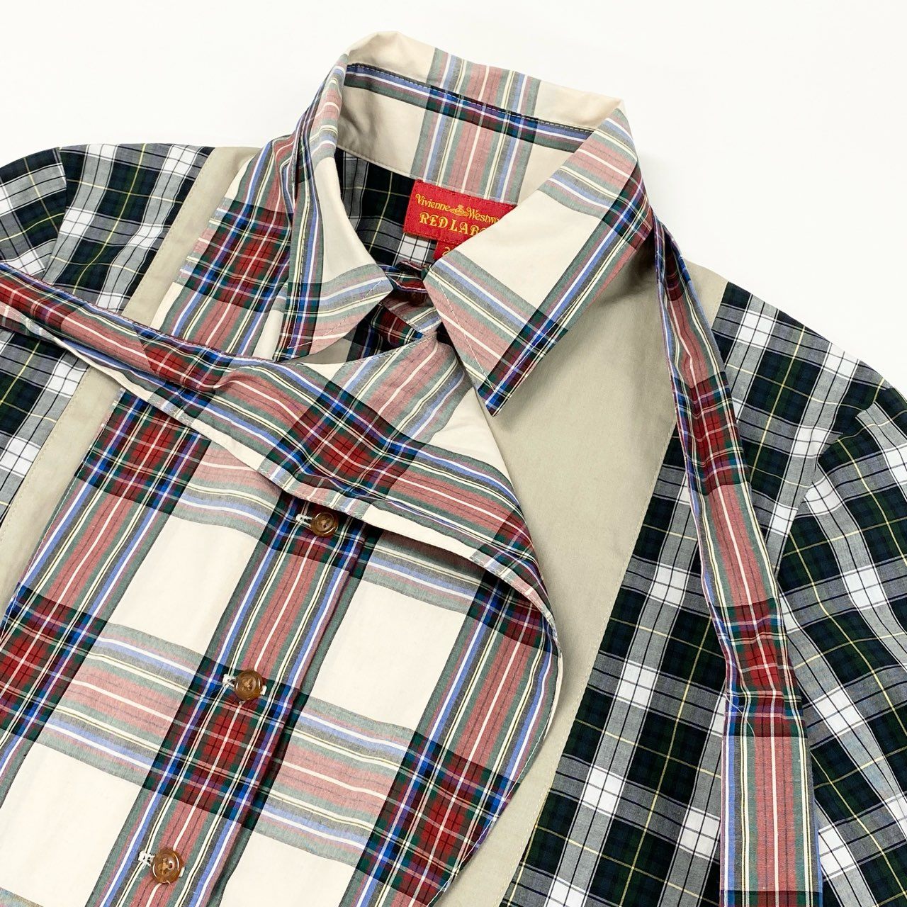 5c21 【美品】 Vivienne Westeood RED LABEL ヴィヴィアンウエストウッド レッドレーベル オリゾンティ期 ブラウスシャツ リボン ボウタイ ギンガムチェック 長袖シャツ 日本製 357-01-83009 M グリーン レッド コットン100%