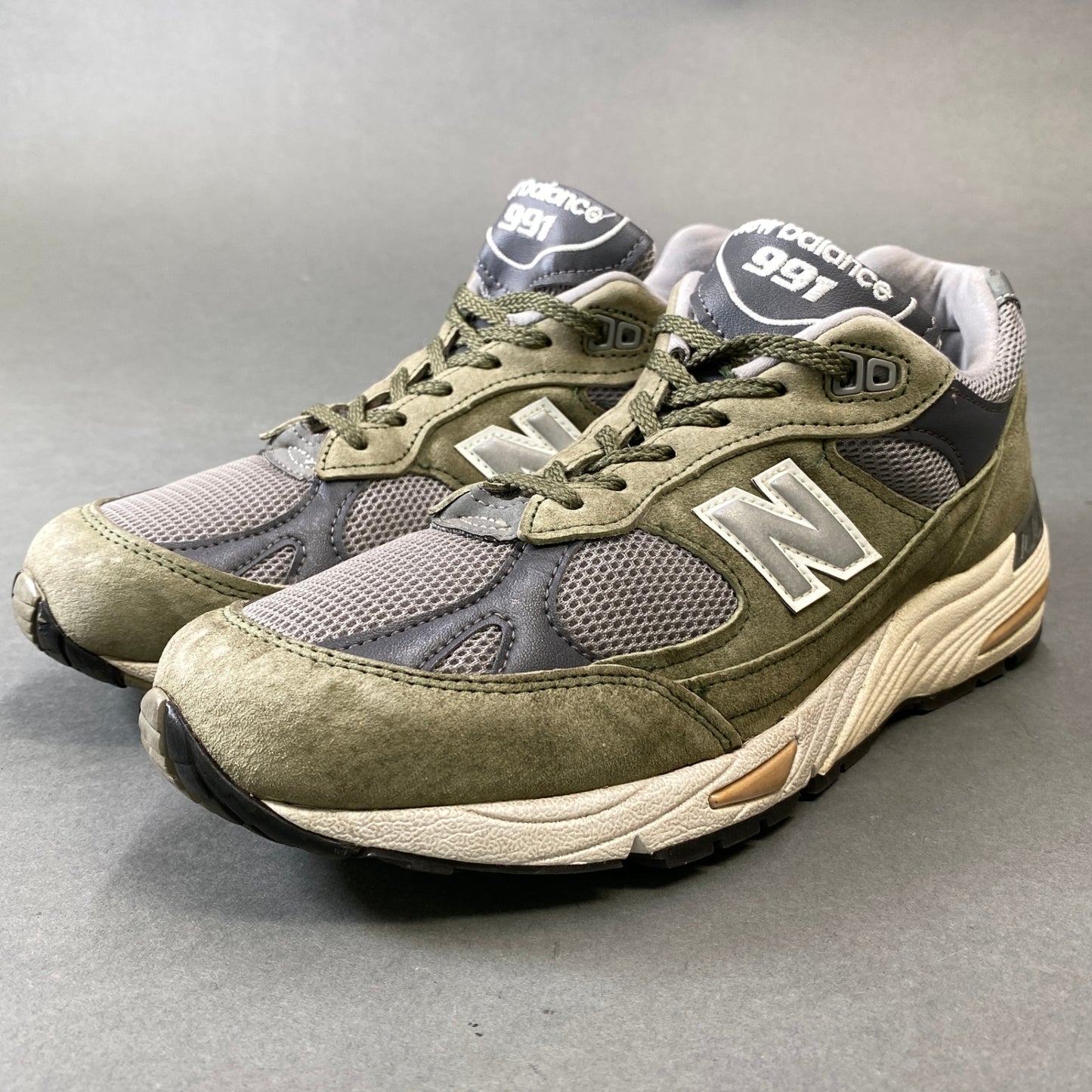 1g31 New Balance ニューバランス EX M991GGT スエードレザー スニーカー US 7 1/2 オリーブ Leather シューズ 英国製 紳士靴k02i