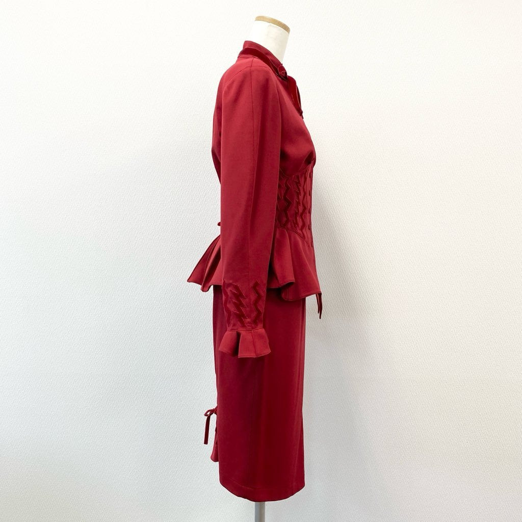 63d8-3 Thierry mugler ティエリー ミューグレー ジャケット/スカート スーツ セットアップ レースアップ フレア ボウタイ 変形デザイン サイズ9AR/63-90 レッド ウール100% レディース 日本製