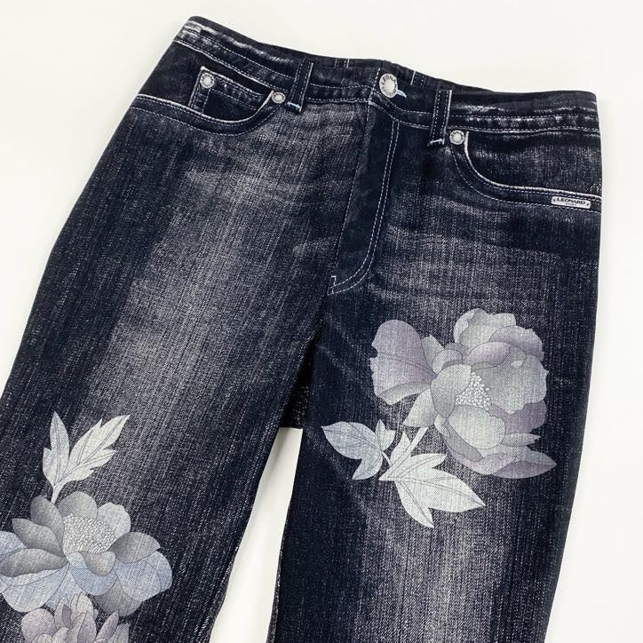 80g23 【美品】 LEONARD レオナール ボトムス デニム柄 花柄 テーパードパンツ オールストレッチ レディース 女性用 0563801 40 ブラック【中古】