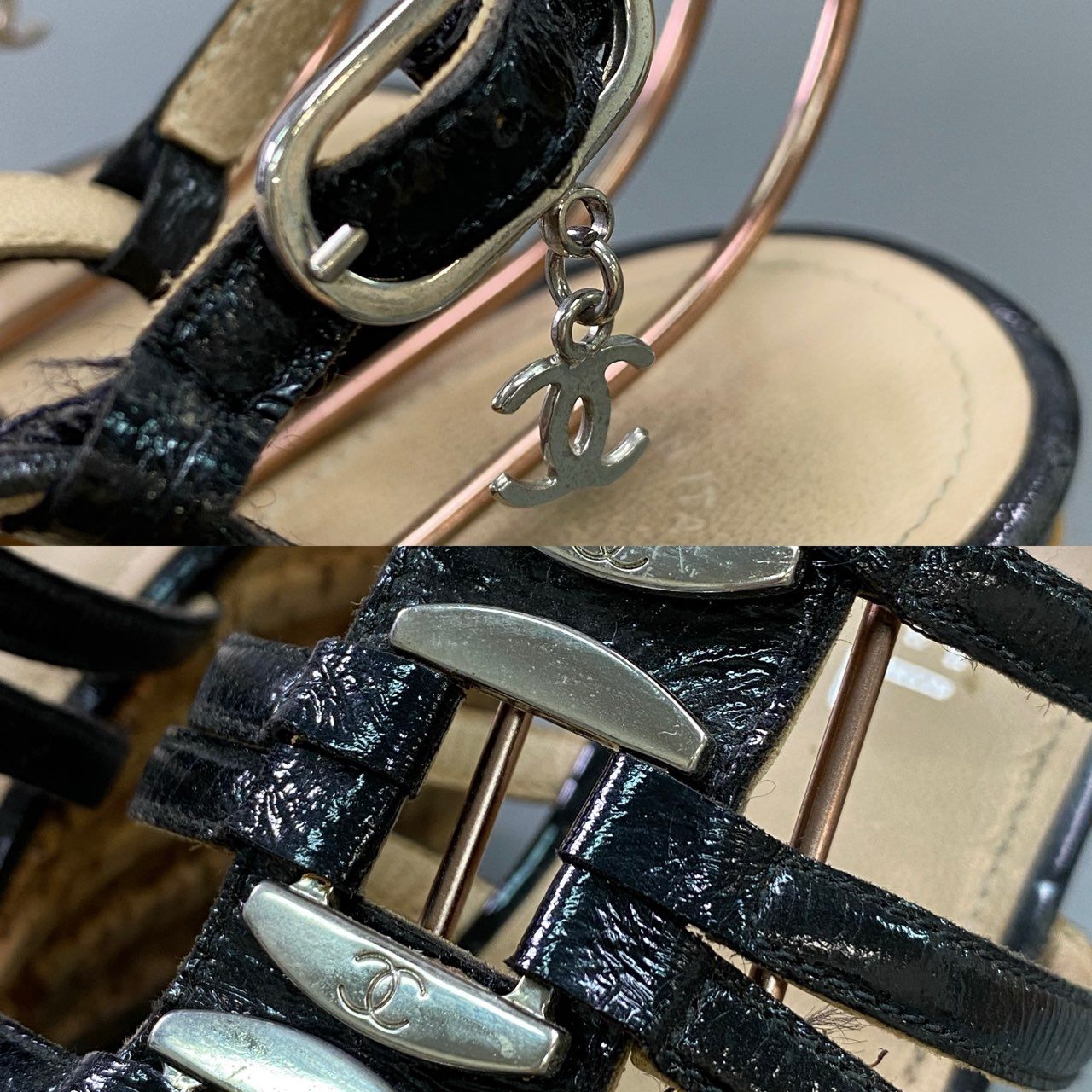 5k5 CHANEL シャネル ココマーク ウェッジソール サンダル 36 1/2 ブラック コルク シューズ イタリア製
