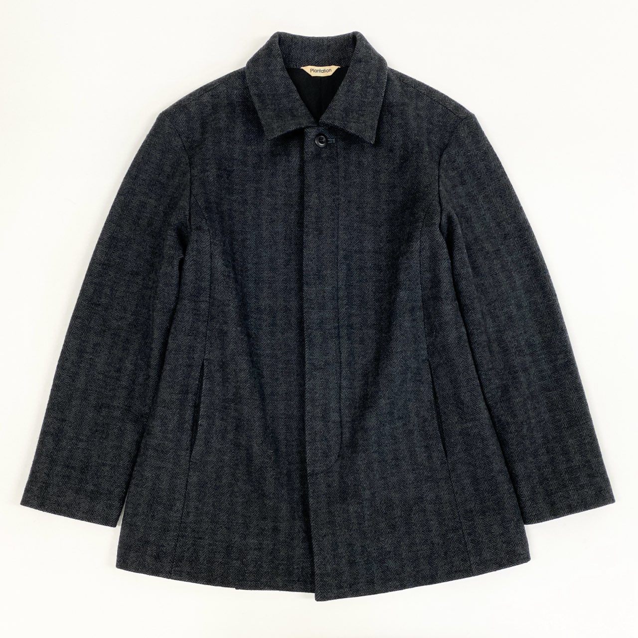 45j15 《美品》Plantation プランテーション ウールジャケット カバーオール ヘリンボーン アウター Mサイズ ネイビー メンズu02t