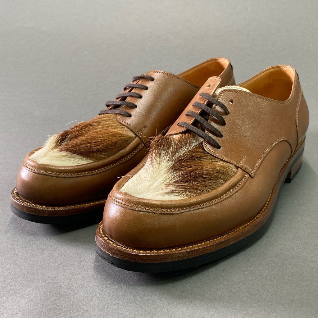 3f7 【イタリア製】 F.LLI Giacometti フラッテリ ジャコメッティ 廃版モデル モカUチップ 牛毛 チロリアンシューズ レザーシューズ サイズ42(26.5~27cm相当) ベージュ メンズ 男性用 靴