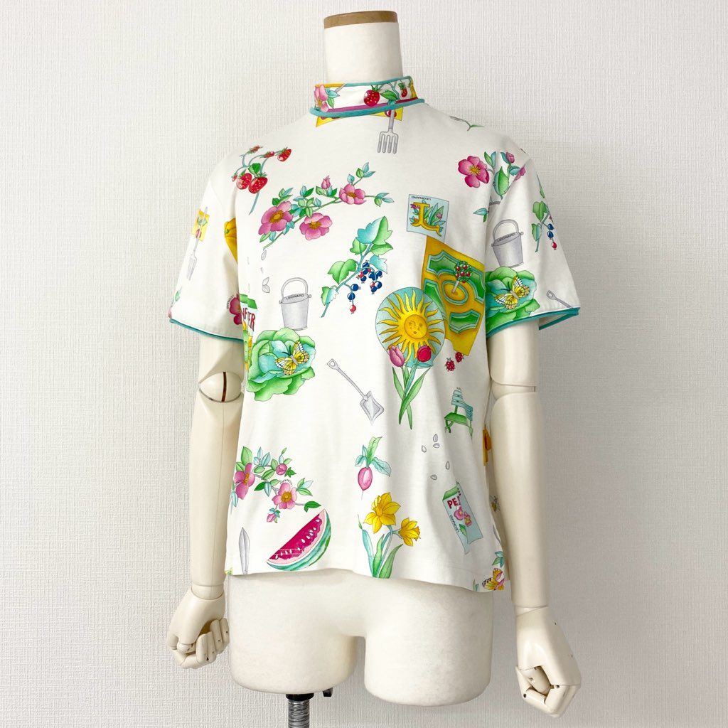 3e8 LEONARD SPORT レオナール スポーツ ハイネック半袖Tシャツ カットソー トップス 美しい花柄プリント サイズM マルチカラー コットン100% レディース 日本製