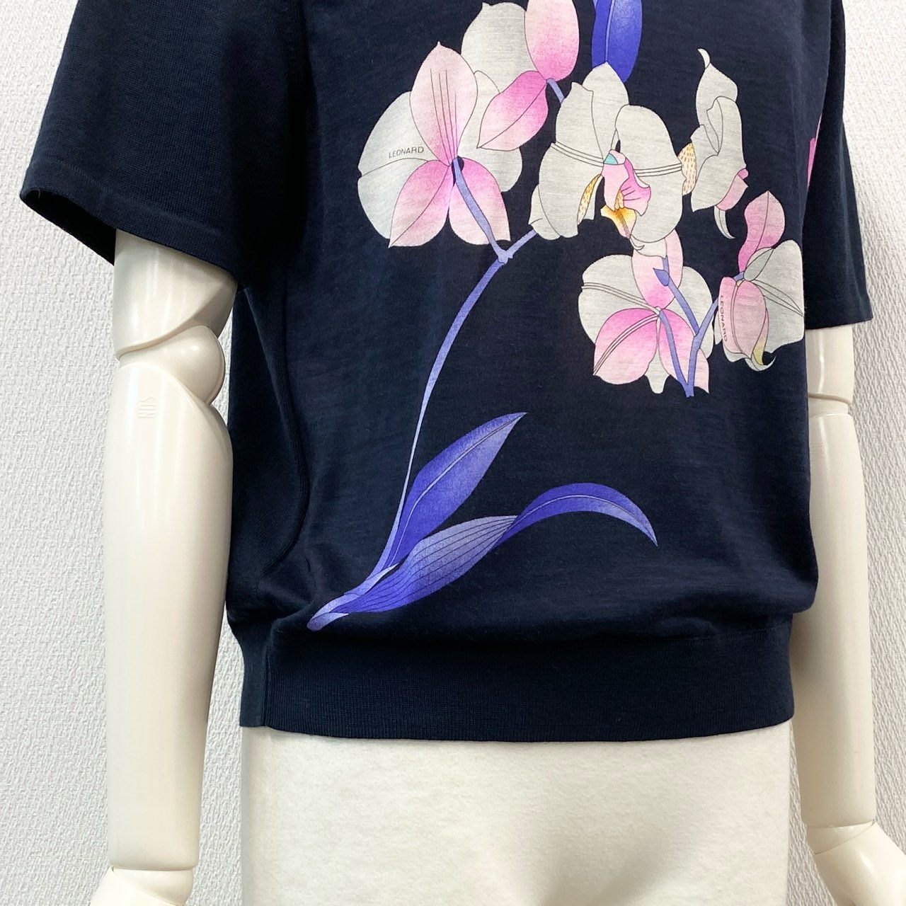 31f14 LEONARD レオナール 日本製 花柄プリント 半袖ニット トップス ショートスリーブ シルク混 Lサイズ ネイビー ウール シルク