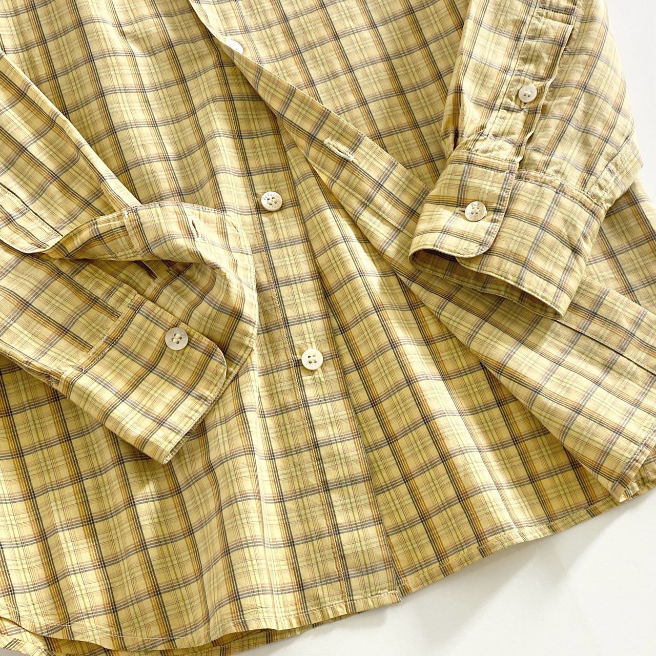 77d12 日本製 Papas パパス 長袖シャツ チェックシャツ バンドカラーシャツ M イエロー×ホワイト コットン100% メンズ 紳士服