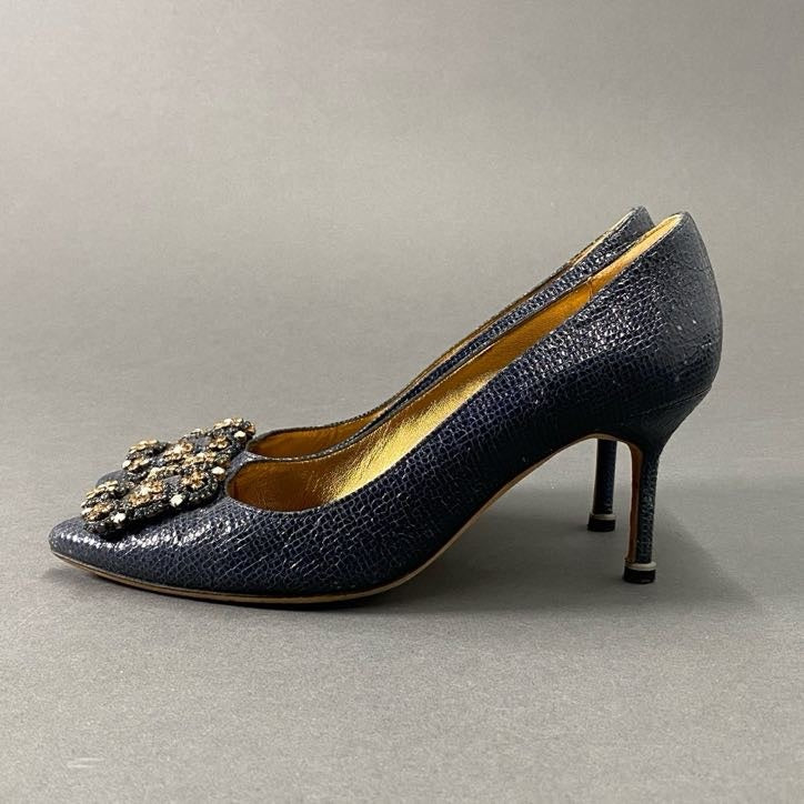 6h14 MANOLO BLAHNIK マノロブラニク Hangisi ハンギシ ビジュー ラインストーンパンプス 37 ネイビー シューズ イタリア製
