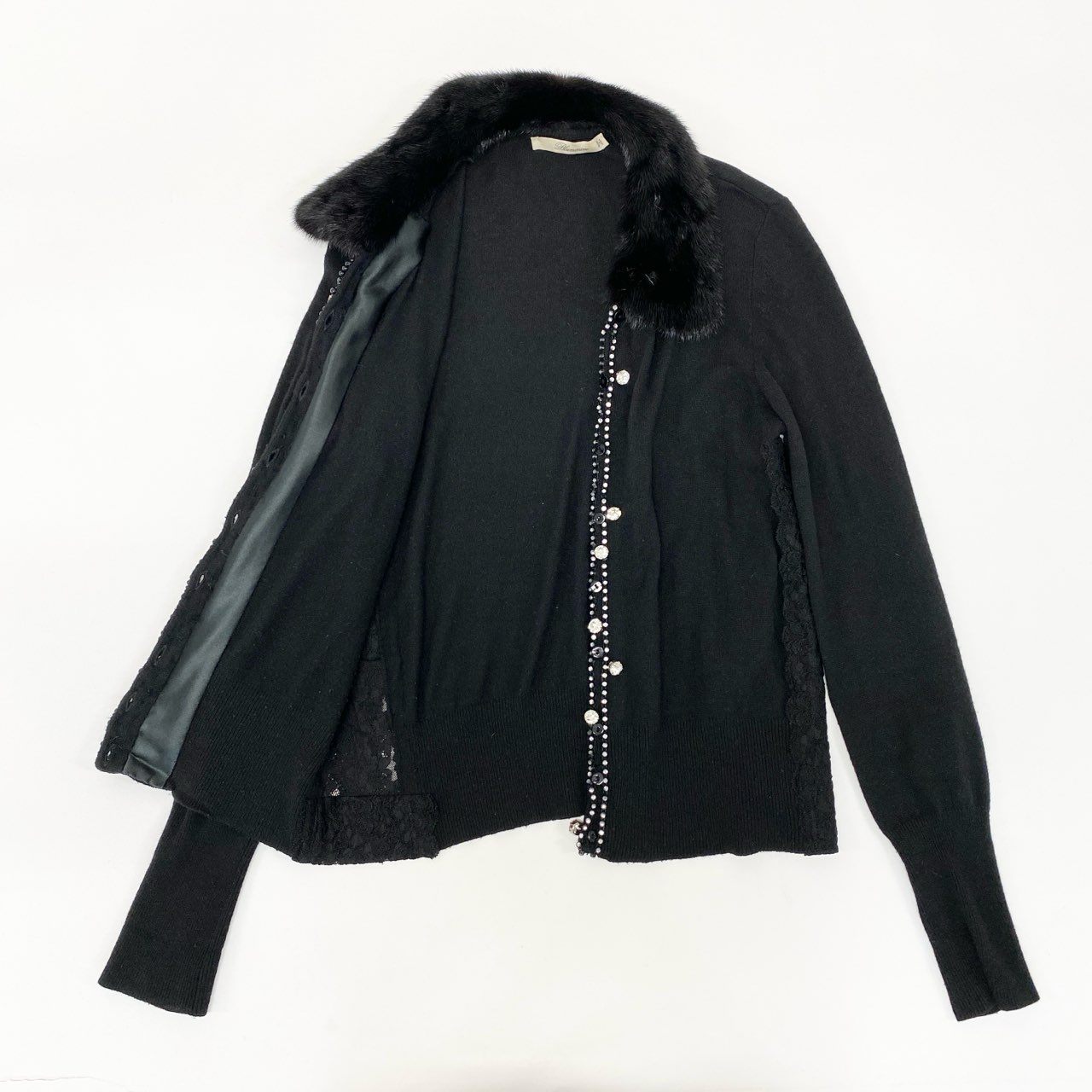 65j9 Blumarine ブルマリン ニットカーディガン 装飾 ニットセーター ラインストーン ビーズ レース 42サイズ ブラック レディースo07t